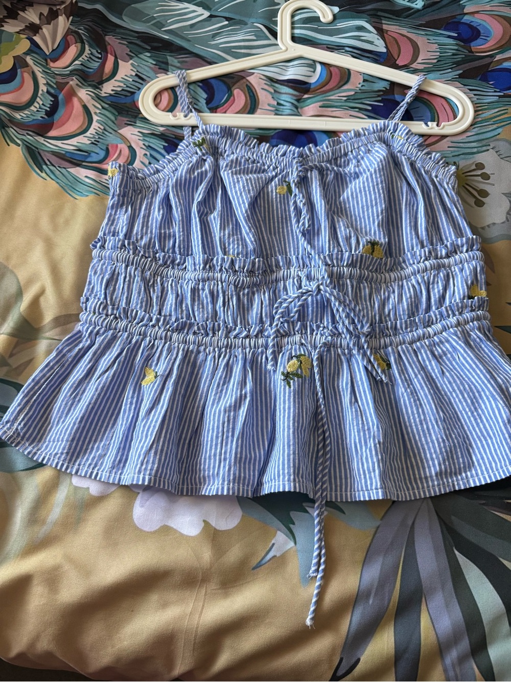 Blue & White Striped Smocked Peplum Midi Skirt with Lemon Embroidery